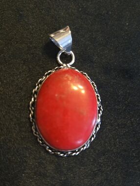 Natural Red Coral Gemstone Oval  Pendant Charm In Sterling Silver Setting